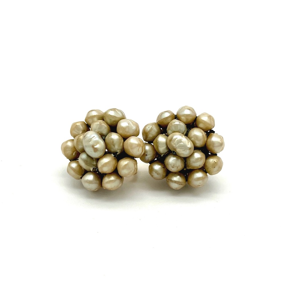 Vintage Faux‎ Pearl Cluster Earrings Gold Tone Clip On